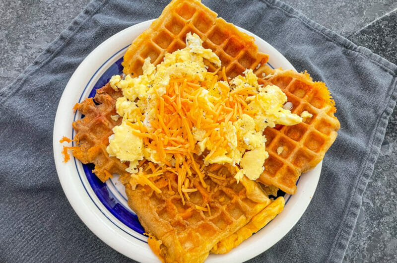 Cheddar Cornbread Waffles with Scrambled Eggs