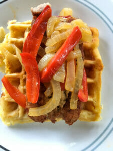 Croque Monsieur Waffles with Bratwurst and Veggies